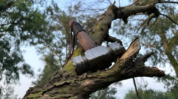 Damascus Mini Hammer with Leather Wrap Walnut Handle