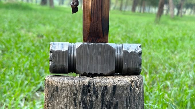 Damascus Mini Hammer with Leather Wrap Walnut Handle