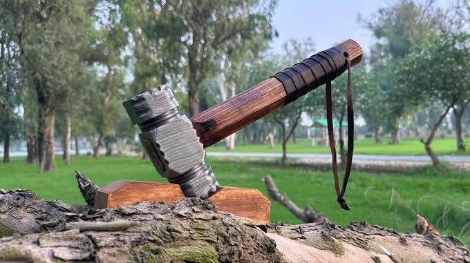 Damascus Mini Hammer with Leather Wrap Walnut Handle