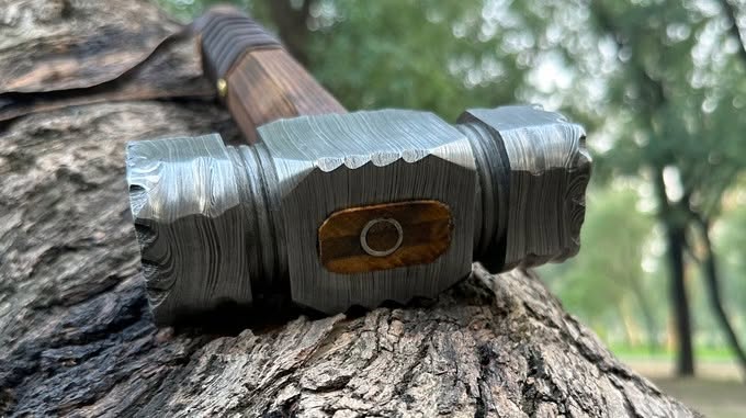 Damascus Mini Hammer with Leather Wrap Walnut Handle