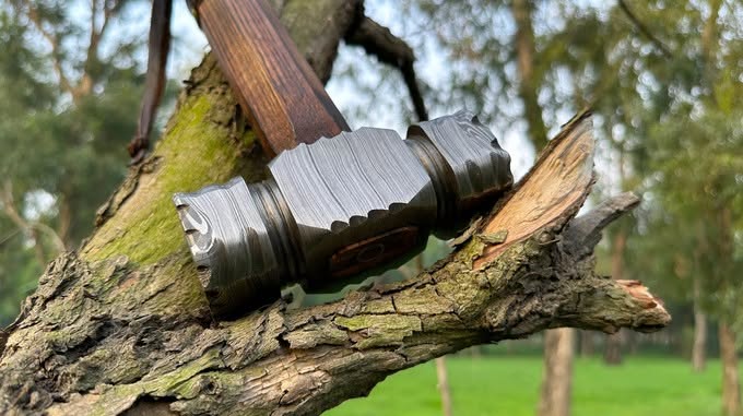Damascus Mini Hammer with Leather Wrap Walnut Handle