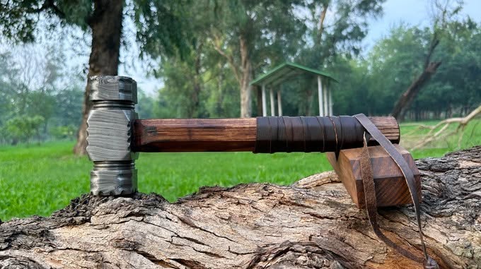 Damascus Mini Hammer with Leather Wrap Walnut Handle